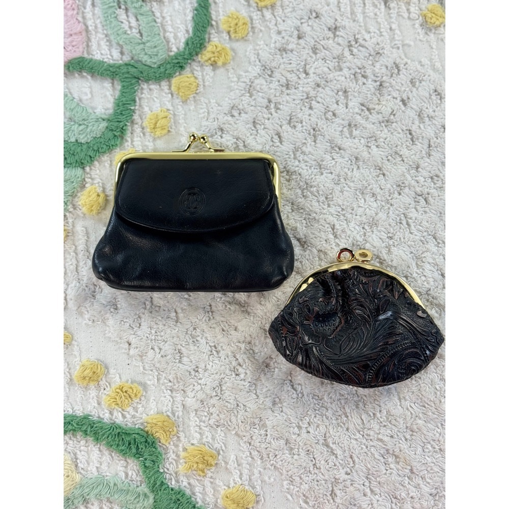 Vintage Buxton Leather Coin Purse & Tooled Floral Kiss Lock Pouch Set Black